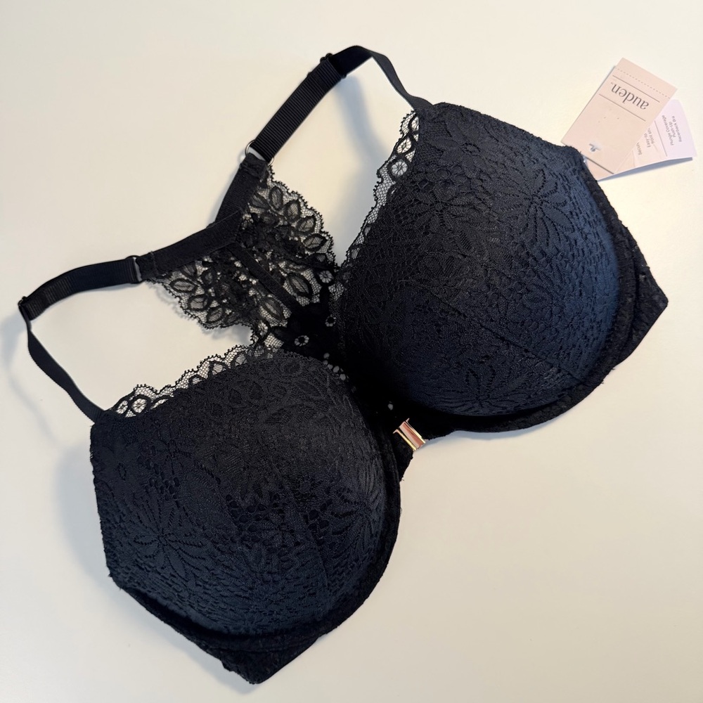 NEW w/Tag Auden 38DD Radiant Black Lace Push-up Bra Race Back Front Closure